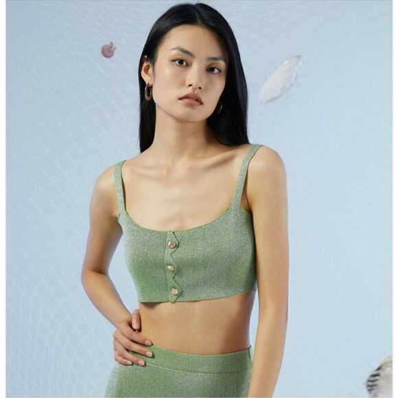 NWT Cider Hidden Gem Sparkle Zig Zag Jade & Gold Classy Crop Tank Top M - Picture 2 of 5